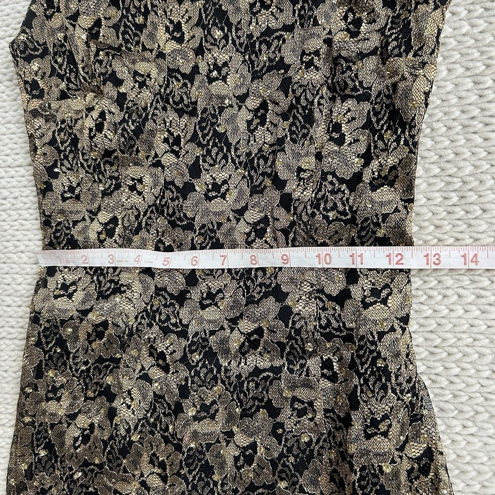 Mica Sleeveless Black Lace Cocktail Dress Sz 4 Sheath Gold Metallic Event Formal - Picture 15 of 16